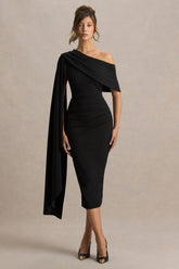 Leah | Black Asymmetric-Neck Midi Dress With Cape-Sleeve