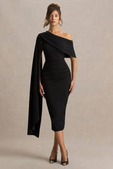 Leah | Black Asymmetric-Neck Midi Dress With Cape-Sleeve