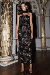 Cora | Winter Floral Embellished Mesh Bandeau Maxi Dress With Scarf