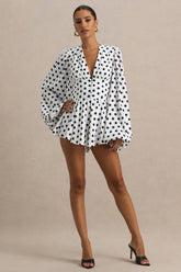 Laurel | White Polka Dot V-Neck Balloon Sleeve Playsuit