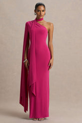 Amal | Hot Pink Asymmetric-Neck Maxi Dress With Scarf and Cape Detail