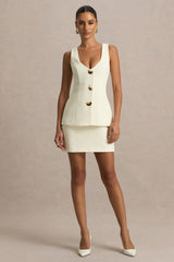 Angel | Cream Plunge-Neck Tailored Mini Dress With Gold-Detailing