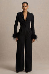 Lissy | Black Plunge-Neck Jumpsuit With Feather-Detailed Sleeves