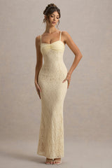 Felicia | Pale Lemon Satin Sweetheart Maxi Dress With Lace Details