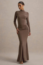 Reid | Brown Long-Sleeve Gathered Maxi Dress