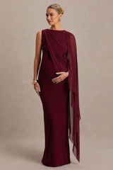 Cristina | Burgundy Slashed-Neck Maternity Maxi Dress With Cape-Sleeve