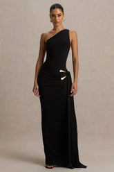 Bonnie | Black Asymmetric-Neck Maxi Dress With Open-Back