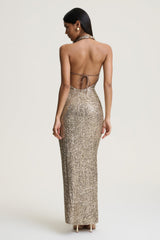 Gio | Champagne Sequin Plunge-Neck Wrap Maxi Dress With Ruched Detailing