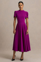 Vicky | Mulberry High Neck Midi Dress With Puff Sleeves