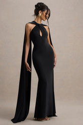 Rhoda | Black Twist Halter-Neck Cape Maxi Dress