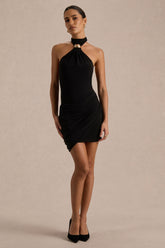Briala | Black Halter-Neck Wrapped Mini Dress With Gold-Detail