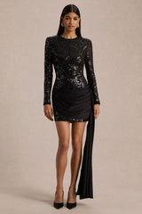 Florecita | Black Embellished Lace Crew-Neck Mini Dress With Sash Detail