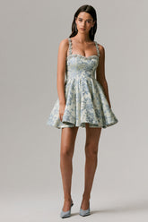 Seashell | Light Blue Jacquard Embellished Sweetheart-Neck Skater Mini Dress