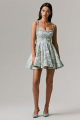 Seashell | Light Blue Jacquard Embellished Sweetheart-Neck Skater Mini Dress