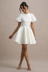 Emelia | White Puff-Sleeve Skater Mini Dress
