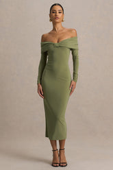 Spark | Olive Bardot-Neck Maxi Dress With Bow Detail