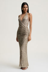 Gio | Champagne Sequin Plunge-Neck Wrap Maxi Dress With Ruched Detailing