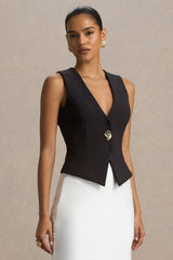 Priscilla | Black Plunge-Neck Tailored Waistcoat