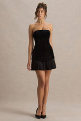 Valentina | Black Velvet Bandeau Mini Dress With Pleated Detailing