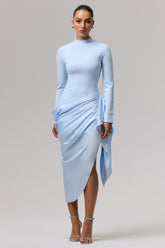 Raffie | Powder Blue Long-Sleeve Midi Dress With Satin Wrap Skirt
