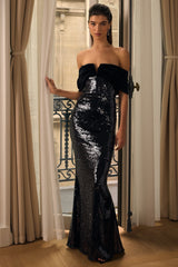 Bex | Black Sequin And Velvet Bardot-Neck Maxi Dress