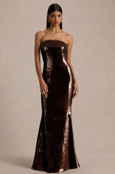 Leona | Brown Sequin Bandeau Maxi Dress With Satin Trim