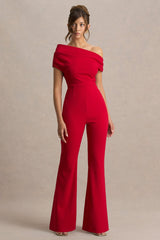 Alexandra | Red Asymmetric-Neck Draped Jumpsuit
