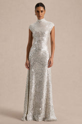Cecy | Silver Sequin High-Neck Maxi Dress With Cap Sleeves