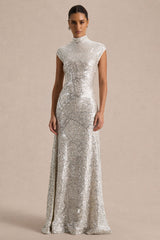 Cecy | Silver Sequin High-Neck Maxi Dress With Cap Sleeves