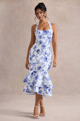 Arla | Blue Floral Halter-Neck Ruffle Trim Midi Dress
