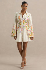 Alma | White Floral Border Print Shirt Mini Dress With Fluted Sleeves