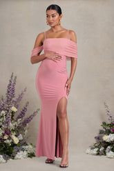 Augusta | Blush Pink Mesh Bardot Strappy Split Maternity Maxi Dress
