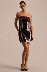 Casandra | Burgundy Sequin Bandeau Mini Dress With Satin Trim