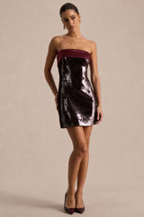 Casandra | Burgundy Sequin Bandeau Mini Dress With Satin Trim