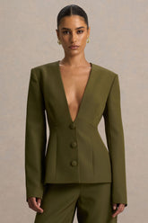 Rosalina | Olive Extreme-Plunge Neck Tailored Blazer