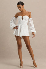 Mariella | White Broderie Bardot Ruffled Playsuit