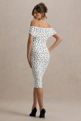 Rayleigh | Polka Dot Bardot Ruched Midi Dress