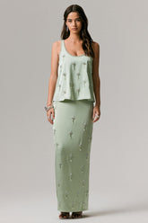 Lena | Mint Satin Embellished Maxi Skirt