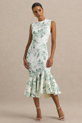 Priceless | Green Porcelain Print Print High-Neck Fishtail Midi Dress