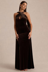 Layli | Brown Velvet Halter-Neck Maxi Dress With Cape