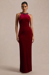 Darya | Burgundy Velvet Embellished High-Neck Maxi Dress