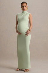 Kienna | Light Green Ruched High-Neck Maternity Maxi Dress