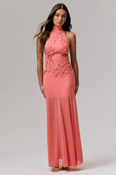 Just Like Magic | Coral High-Neck Maxi Dress With Lace Detailing
