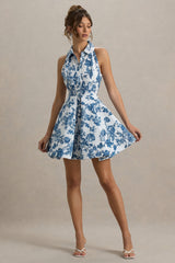 Paulie | Blue Porcelain Print Poplin Skater Mini Dress