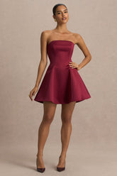 Lioray | Burgundy Satin Bandeau-Neck A-Line Mini Dress