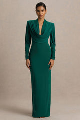 Kaylee | Bottle Green Cowl-Neck Maxi Dress With Draping Details