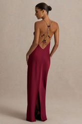 Cher | Burgundy Satin Square-Neck Maxi Dress With Embellished-Detailed Open-Back