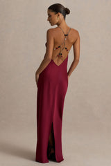 Cher | Burgundy Satin Square-Neck Maxi Dress With Embellished-Detailed Open-Back