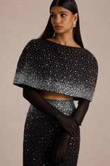 Luxy | Black Embellished Boat-Neck Crop-Top With Cape-Sleeves