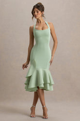 Arla | Light Green Halter Neck Ruffle Trim Midi Dress